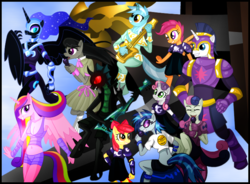 Size: 700x514 | Tagged: safe, apple bloom, bon bon, dj pon-3, lyra heartstrings, nightmare moon, octavia melody, princess cadance, scootaloo, shining armor, sweetie belle, sweetie drops, vinyl scratch, earth pony, anthro, g4, airship, badass, chessgame of the gods, cutie mark crusaders, fanfic, female, from nobody to knightmare, knightmare, lesbian, rls ragnarok, ship:scratchtavia, shipping