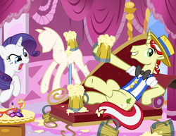 Size: 900x696 | Tagged: safe, artist:pixelkitties, flim, rarity, pony, unicorn, g4, angry, apple cider, carousel boutique, cider, fainting couch, female, glare, grin, hoof hold, male, mannequin, mare, open mouth, pixelkitties' brilliant autograph media artwork, sam vincent, smiling, stallion