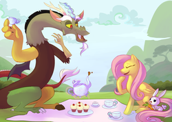 Size: 3507x2480 | Tagged: safe, artist:sketchprinterdemon, angel bunny, discord, fluttershy, g4, carrot, cupcake, eyes closed, female, food, laughing, levitation, magic, male, picnic, tea, tea party, teapot, telekinesis