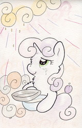 Size: 735x1152 | Tagged: safe, artist:slightlyshade, sweetie belle, pony, g4, crying, female, plum, solo, tears of joy, traditional art