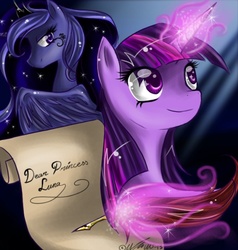 Size: 540x567 | Tagged: dead source, safe, artist:kinglyms, princess luna, twilight sparkle, g4, duo, quill, scroll, smiling