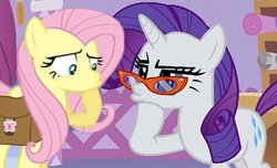 Size: 574x348 | Tagged: safe, fluttershy, rarity, g4, glasses