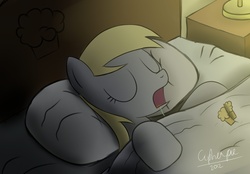 Size: 2300x1600 | Tagged: safe, artist:cipherpie, derpy hooves, pegasus, pony, g4, 2012, female, mare, muffin, old art, open mouth, sleeping, snoring, solo, zzz