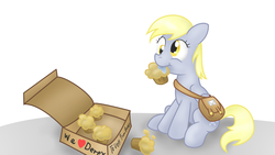 Size: 1366x768 | Tagged: safe, artist:041744, derpy hooves, pegasus, pony, g4, fan mail, female, mailbag, mare, muffin, solo