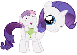 Size: 1500x1080 | Tagged: safe, artist:beavernator, rarity, sweetie belle, pony, g4, baby, baby belle, baby carrier, baby pony, cute, diasweetes, equestria's best big sister, filly, foal, one eye closed, raribetes, side carrying, sweet dreams fuel, weapons-grade cute, wink