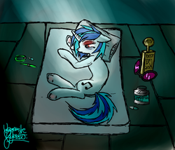 Size: 1600x1371 | Tagged: safe, artist:vegemiteguzzler, dj pon-3, vinyl scratch, pony, g4, bed, drugs, female, solo, trophy