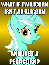 Size: 625x819 | Tagged: safe, lyra heartstrings, g4, alicorn drama, conspiracy lyra, exploitable meme, gradient background, heartstrings, image macro, meme, simple background, yellow background