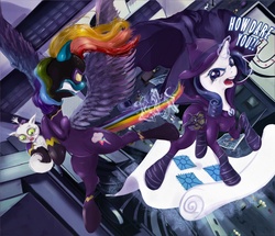 Size: 2500x2149 | Tagged: dead source, safe, artist:miradge, mare do well, opalescence, rainbow dash, rarity, g4, clothes, costume, dialogue, fight, glowing horn, horn, latex, latex suit, shadowbolt dash, shadowbolts, shadowbolts costume, unmasked