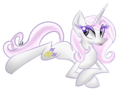 Size: 676x498 | Tagged: safe, artist:blup-chan, fleur-de-lis, pony, g4, bedroom eyes, female, prone, simple background, smiling, solo, transparent background