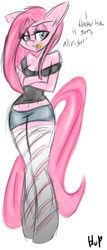 Size: 900x2103 | Tagged: safe, artist:blup-chan, pinkie pie, earth pony, anthro, unguligrade anthro, g4, clothes, dialogue, female, pinkamena diane pie, simple background, socks, solo, striped socks, white background