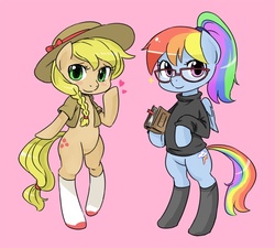 Size: 600x541 | Tagged: safe, artist:shepherd0821, applejack, rainbow dash, pony, g4, alternate hairstyle, bipedal, book, braid, clothes, egghead, glasses, rainbow dork, socks