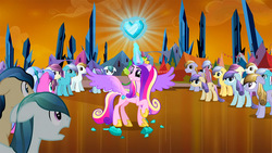 Size: 1280x720 | Tagged: safe, screencap, amber waves, arctic lily, bright smile, castle (crystal pony), check mate, crystal arrow, crystal beau, elbow grease, fleur de verre, golden hooves (g4), ivory, ivory rook, jade (g4), paradise (g4), princess cadance, sapphire joy, spike, winnow wind, alicorn, crystal pony, pony, g4, the crystal empire, colored wings, crystal empire, crystal heart, dark crystal, depressed, female, glowing horn, gradient wings, horn, levitation, magic, magic aura, male, mare, spread wings, stallion, telekinesis, wings