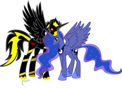 Size: 2226x1607 | Tagged: safe, artist:rocketrewster, princess luna, oc, alicorn, pony, g4, alicorn oc, canon x oc, donut steel, female, male, shipping, simple background, sparkelpone, straight