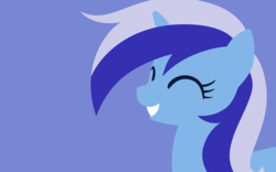 Size: 2400x1500 | Tagged: safe, artist:gingermint, artist:icekatze, minuette, pony, unicorn, g4, background pony, bust, eyes closed, female, horn, lineless, mare, portrait, simple background, smiling, solo, teeth, wallpaper