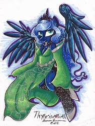 Size: 1280x1693 | Tagged: safe, artist:wyndon-torque, princess luna, anthro, g4, cleavage, clothes, dress, female, solo