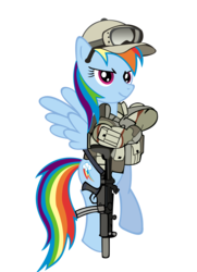 Size: 1850x2553 | Tagged: dead source, safe, artist:buckweiser, artist:thatsgrotesque, rainbow dash, pony, g4, bipedal, clothes, gun, mp5sd, simple background, smiling, suppressor, transparent background, uniform, vector