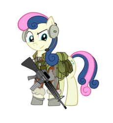 Size: 6000x6527 | Tagged: dead source, safe, artist:buckweiser, artist:thatsgrotesque, bon bon, sweetie drops, earth pony, pony, g4, absurd resolution, assault rifle, clothes, cutie mark, female, gun, headphones, hooves, m16, m16a2, mare, military, rifle, simple background, solo, transparent background, uniform, weapon