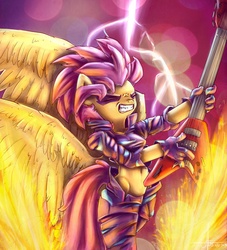 Size: 4378x4818 | Tagged: safe, artist:1vladislav, scootaloo, anthro, g4, absurd resolution, atryl-ish, awesome, badass, clothes, color porn, electric guitar, flying v, guitar, heavy metal, lightning, metal as fuck, musical instrument, show stopper outfits, style emulation