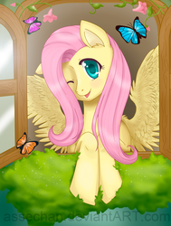 Size: 1145x1514 | Tagged: safe, artist:assechan, fluttershy, butterfly, pegasus, pony, g4, colored pupils, cute, ear fluff, female, flower, looking at you, mare, open mouth, shyabetes, smiling, solo, spread wings, window, wings, wink