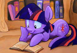 Size: 800x555 | Tagged: safe, artist:kenket, artist:spainfischer, twilight sparkle, pony, g4, book, female, golden oaks library, reading, solo