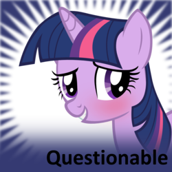 Size: 250x250 | Tagged: dead source, safe, twilight sparkle, pony, unicorn, derpibooru, g4, season 2, secret of my excess, blushing, female, grin, lowres, mare, meta, meta:questionable, official spoiler image, smiling, solo, spoilered image joke, unicorn twilight