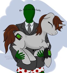 Size: 730x800 | Tagged: safe, artist:poorgenndy, oc, oc only, oc:anon, oc:littlepip, human, pony, unicorn, fallout equestria, boxers, clothes, english, eyes closed, fanfic, floppy ears, frown, hand, holding a pony, pipbuck, russian, text, underwear