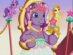 Size: 640x480 | Tagged: safe, screencap, tiddly wink, wysteria, zipzee, breezie, earth pony, pony, g3, the princess promenade, clothes, crown, dress, female, float, flower, holding, jewelry, mare, necklace, parade, princess wysteria, regalia, ribbon, sitting, smiling, stars, throne, wand, youtube link
