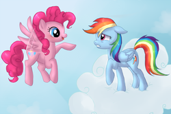 Size: 800x530 | Tagged: safe, artist:pinkamina-diane-pie, pinkie pie, rainbow dash, pegasus, pony, g4, cloud, cloudy, flying, frown, happy, pegasus pinkie pie, pointing, race swap