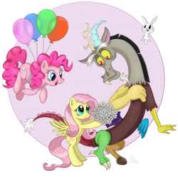 Size: 800x800 | Tagged: safe, artist:swanlullaby, angel bunny, discord, fluttershy, pinkie pie, g4, balloon, flower