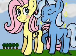 Size: 693x514 | Tagged: safe, artist:roly-pony, fluttershy, trixie, g4, blushing, female, grin, lesbian, shipping, smiling, trixieshy