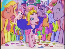 Size: 640x480 | Tagged: safe, screencap, apple flitter, brights brightly, cheerilee (g3), feeling flitter, fine shine, fly wishes, ice scoop, night shine, rarity (g3), shine-a-belle, tiddly wink, tra-la-la, zipzee, breezie, caterpillar, pony, unicorn, g3, the runaway rainbow, background pony, cape, clothes, crown, princess rarity