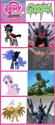 Size: 350x796 | Tagged: safe, diamond tiara, gilda, king sombra, nightmare moon, griffon, kaiju, g4, 200th godzilla picture, battra, comparison chart, gabara, gigan, godzilla (series), spacegodzilla