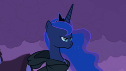 Size: 500x281 | Tagged: safe, artist:capnpea, edit, edited screencap, screencap, princess luna, pony, g4, luna eclipsed, cloak, clothes, female, fimbriae, proncoss lono, small eyes, solo, wat, woll smoth