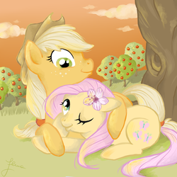 Size: 800x800 | Tagged: safe, artist:elenaboosy, applejack, fluttershy, g4, apple flower, apple orchard, female, hug, lesbian, looking at each other, prone, ship:appleshy, shipping