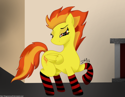 Size: 3291x2550 | Tagged: safe, artist:d-sixzey, spitfire, pegasus, pony, g4, bedroom eyes, clothes, female, mare, socks, solo, striped socks