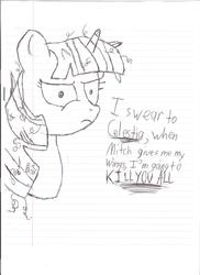 Size: 1700x2338 | Tagged: safe, artist:supergex, artist:trueinfinitycore, princess celestia, twilight sparkle, g4, alicorn drama, angry, m.a. larson, not to be taken seriously, sketch, twilight snapple