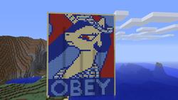 Size: 1280x720 | Tagged: safe, artist:snipernero, princess celestia, pony, g4, female, game screencap, mare, minecraft, minecraft pixel art, obey, pixel art, poster