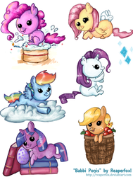 Size: 692x917 | Tagged: safe, artist:reaperfox, angel bunny, applejack, fluttershy, pinkie pie, rainbow dash, rarity, spike, twilight sparkle, g4, baby, egg, filly, foal