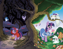 Size: 1000x771 | Tagged: safe, artist:tony fleecs, idw, angel bunny, opalescence, twilight sparkle, bird, butterfly, cat, pony, rabbit, unicorn, g4, micro-series #1, my little pony micro-series, official, alice in wonderland, animal, cheshire cat, clean, clothes, cover art, cupcake, dead tree, dress, female, flower, food, footprint, glowing, glowing eyes, glowing eyes of doom, hood, horn, little red riding hood, mare, mushroom, open mouth, open smile, parody, raised hoof, smiling, tail, tree, unicorn twilight
