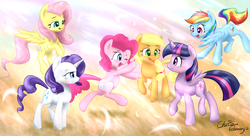 Size: 2200x1200 | Tagged: dead source, safe, artist:xcopyen002, applejack, fluttershy, pinkie pie, rainbow dash, rarity, twilight sparkle, alicorn, earth pony, pegasus, pony, unicorn, g4, female, mane six, mare, twilight sparkle (alicorn)