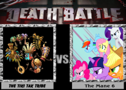 Size: 1008x720 | Tagged: safe, applejack, fluttershy, pinkie pie, rainbow dash, rarity, twilight sparkle, g4, death battle, donkey kong country, donkey kong country returns, mane six, tiki tak tribe