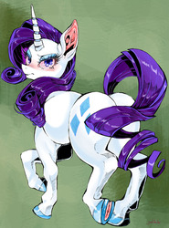 Size: 741x1000 | Tagged: safe, artist:jnnkleche, rarity, pony, g4, angry, blushing, butt, covering, female, green background, plot, raised hoof, raised leg, red eyes, simple background, solo, tail covering, underhoof