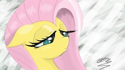 Size: 1920x1080 | Tagged: safe, artist:falco9998, fluttershy, pony, g4, abstract background, bust, female, floppy ears, lidded eyes, mare, portrait, sad, solo, three quarter view, wallpaper