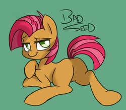 Size: 1027x896 | Tagged: safe, artist:crade, babs seed, earth pony, pony, g4, bedroom eyes, butt, featureless crotch, female, hooves, plot, simple background, solo