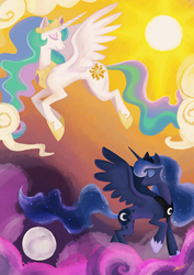 Size: 2480x3507 | Tagged: safe, artist:sketchprinterdemon, princess celestia, princess luna, g4, contrast, moon, sun