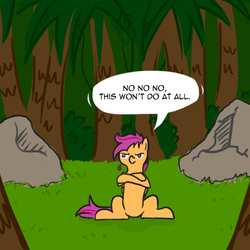 Size: 500x500 | Tagged: safe, artist:alskylark, scootaloo, pegasus, pony, scootalootheadventurer, g4, crossed hooves, english, front view, no, sitting, solo, speech bubble