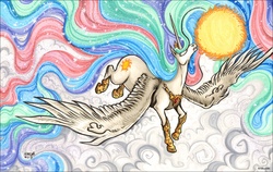 Size: 1346x850 | Tagged: dead source, safe, artist:kiriska, princess celestia, alicorn, pony, g4, blank eyes, cloud, cloudy, ethereal mane, female, glowing eyes, hoof shoes, mare, peytral, solo, spread wings, sun, traditional art, wings