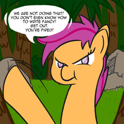 Size: 500x500 | Tagged: safe, artist:alskylark, scootaloo, pony, scootalootheadventurer, g4, bust, english, looking at you, motion lines, portrait, solo, speech bubble