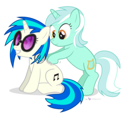 Size: 1500x1375 | Tagged: safe, artist:dm29, dj pon-3, lyra heartstrings, vinyl scratch, pony, unicorn, g4, back scratching, backrub, duo, duo female, female, headphones, horn, mare, massage, scratching, simple background, transparent background, vinyl's glasses