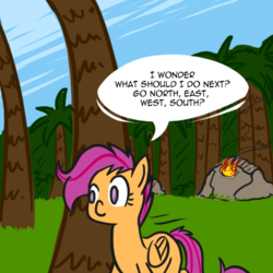 Size: 500x500 | Tagged: safe, scootaloo, scootalootheadventurer, g4, black outlines, english, no catchlights, solo, speech bubble